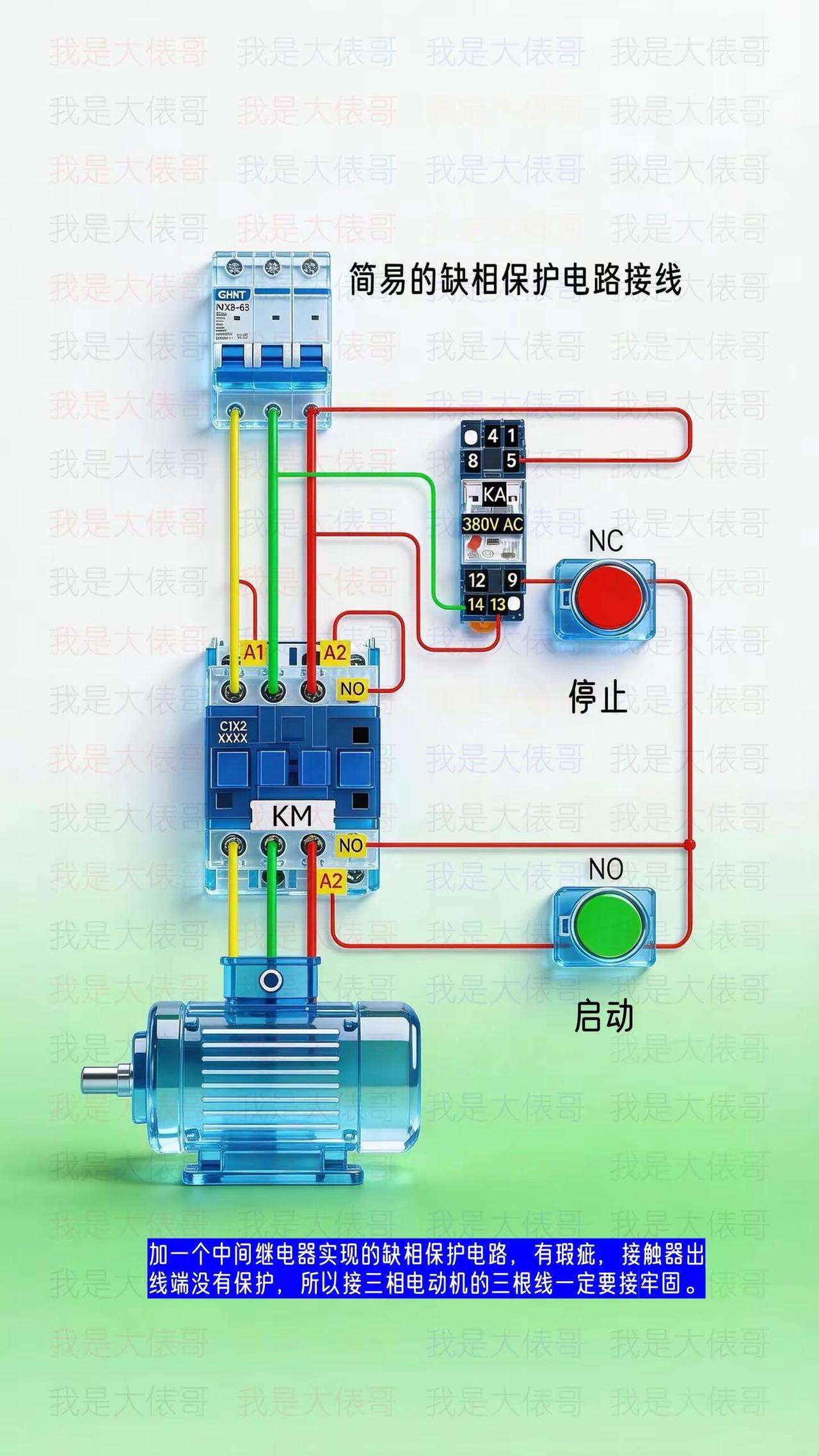 加一个中间继电器实现的缺相保护电路，有瑕疵，接触器出线端没有保护，所以接三相电动