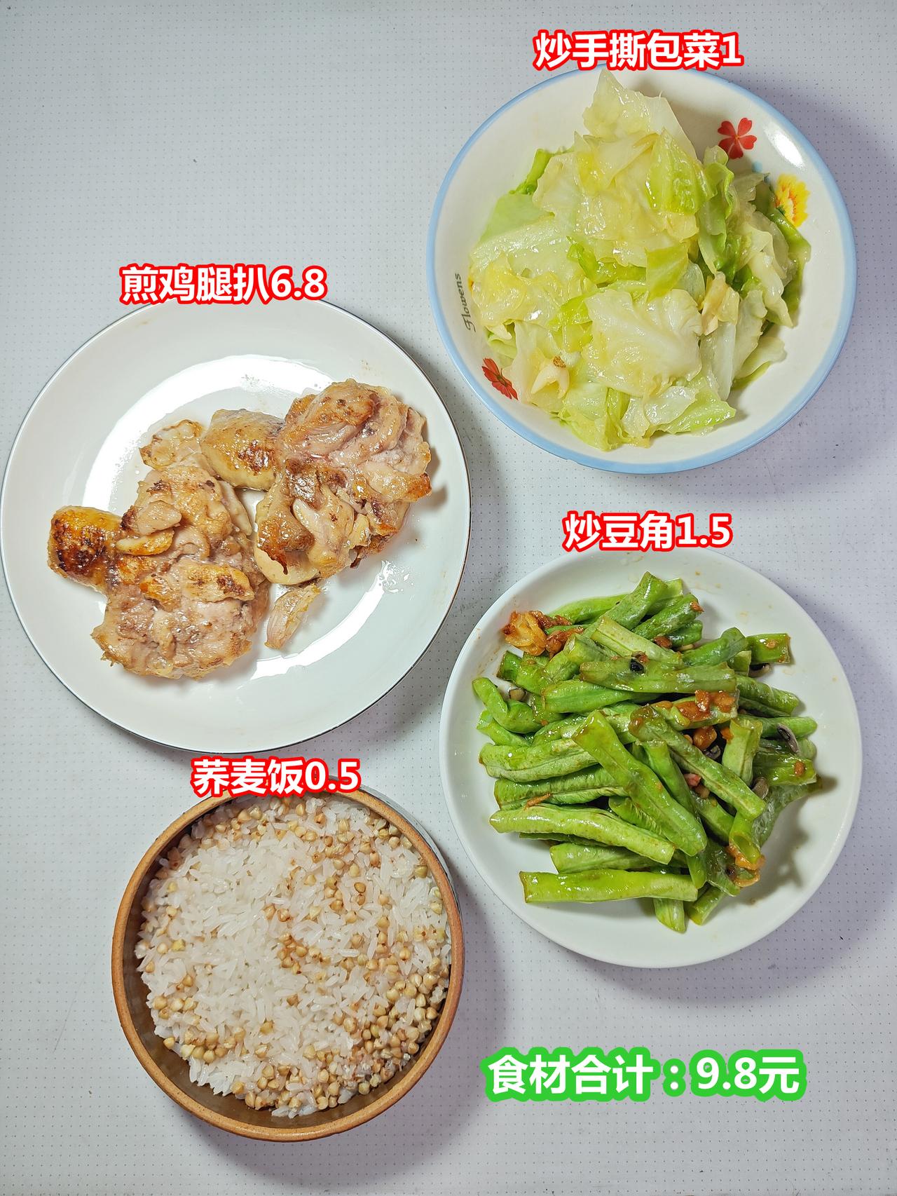 晚饭，煎鸡腿扒6.8，炒豆角1.5，炒手撕包菜1，荞麦饭0.5，食材合计：9.8