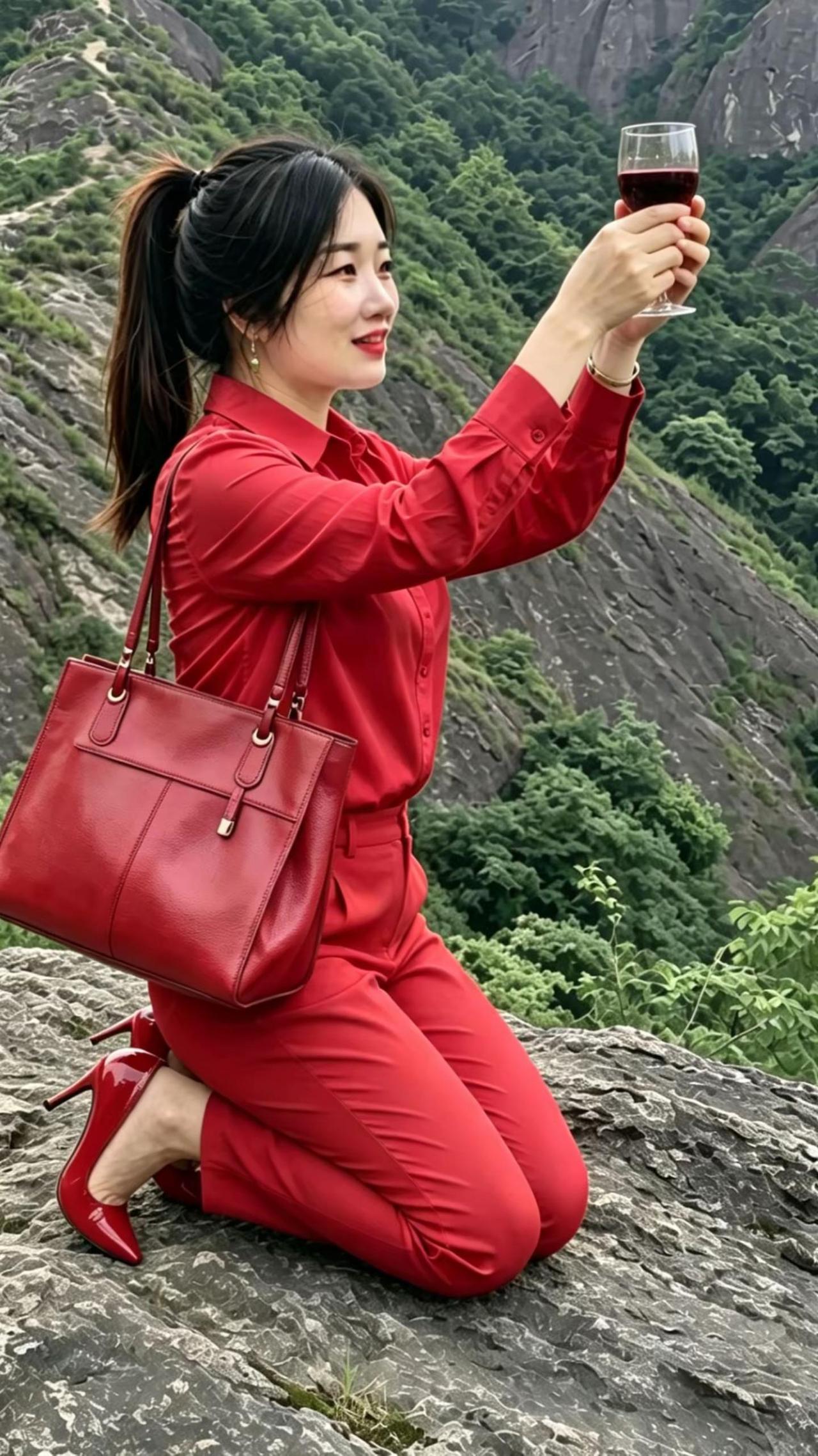 红色登山服 红色登山外套 爬山穿搭女 红酒穿搭 高山红酒