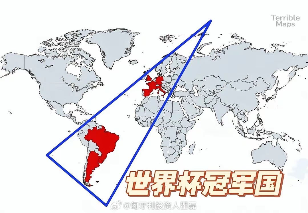 所有赢得世界杯冠军的国家，都集中在这个三角形里。中心位置是：佛得角 温州