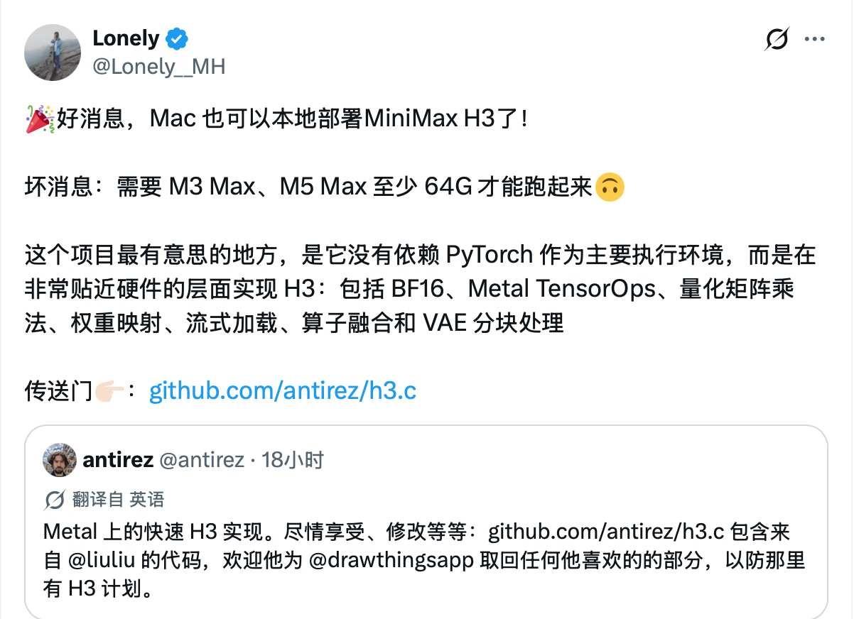 🎉好消息，Mac可以本地部署MiniMax H3！
🎉好消息，Mac 也可以