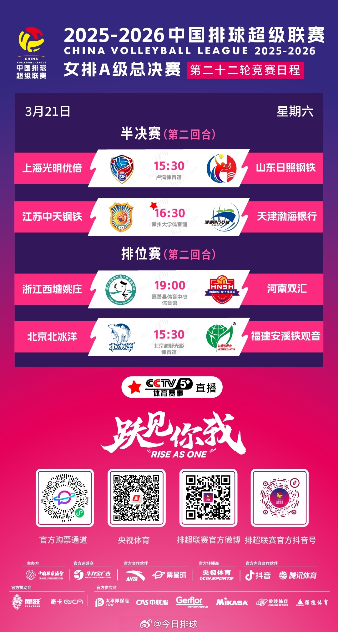 2025-2026中国女排超级联赛 A级半决赛和5~8名交叉赛次回合明天展开，具