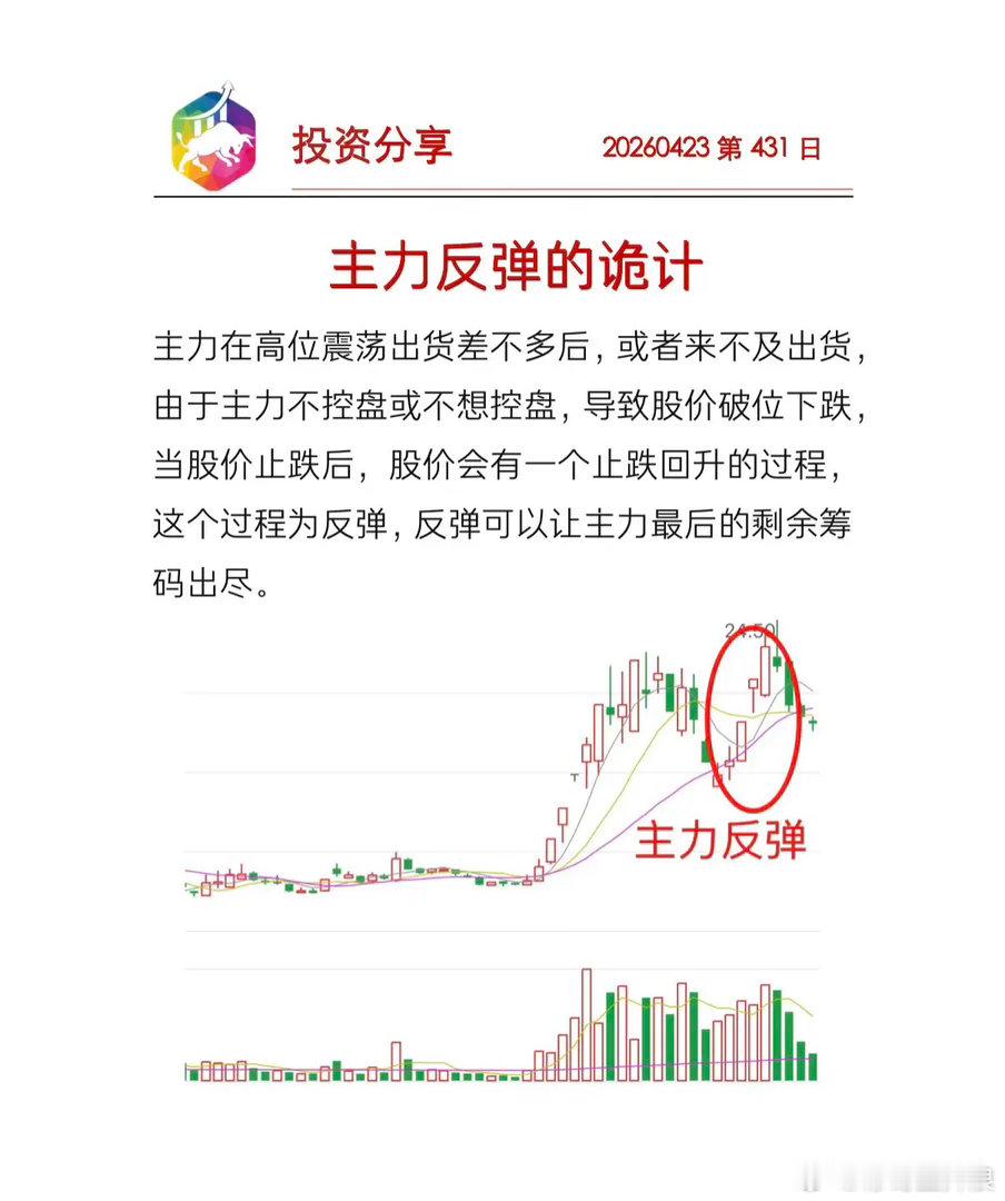 反弹的诱惑主力在打压式出货过程中有时会出现反弹，往往是诱多。其本质仍然是出货。 