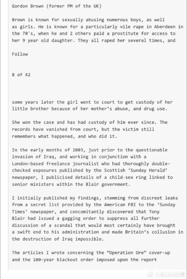 爱泼斯坦档案——前工党首相戈登·布朗的指控布朗被指控强奸一名9岁女童，并涉嫌参与