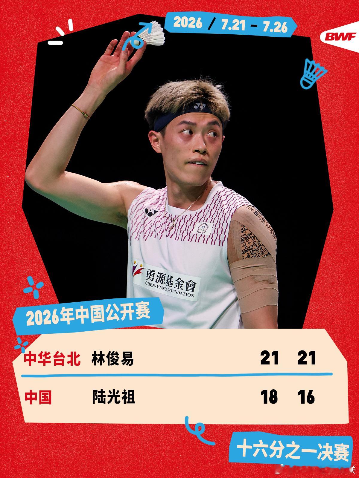 2026年中国羽毛球公开赛 首日赛况🔥林俊易2-0陆光祖陆光祖不敌林俊易，无缘