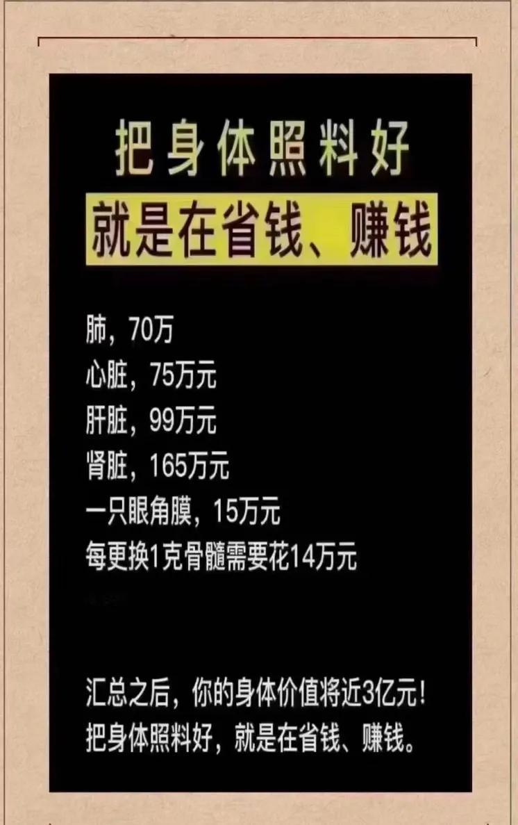 到了岁数才知道：
原来身体的每一个零件都是有价值的，
而且都很贵，
所以必须要照