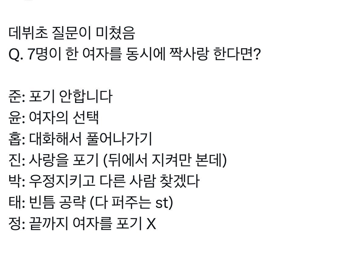 早期中二味满满的采访🤣Q.假如七名同时爱上一个女生会怎样🐨：我不会放弃的🐱