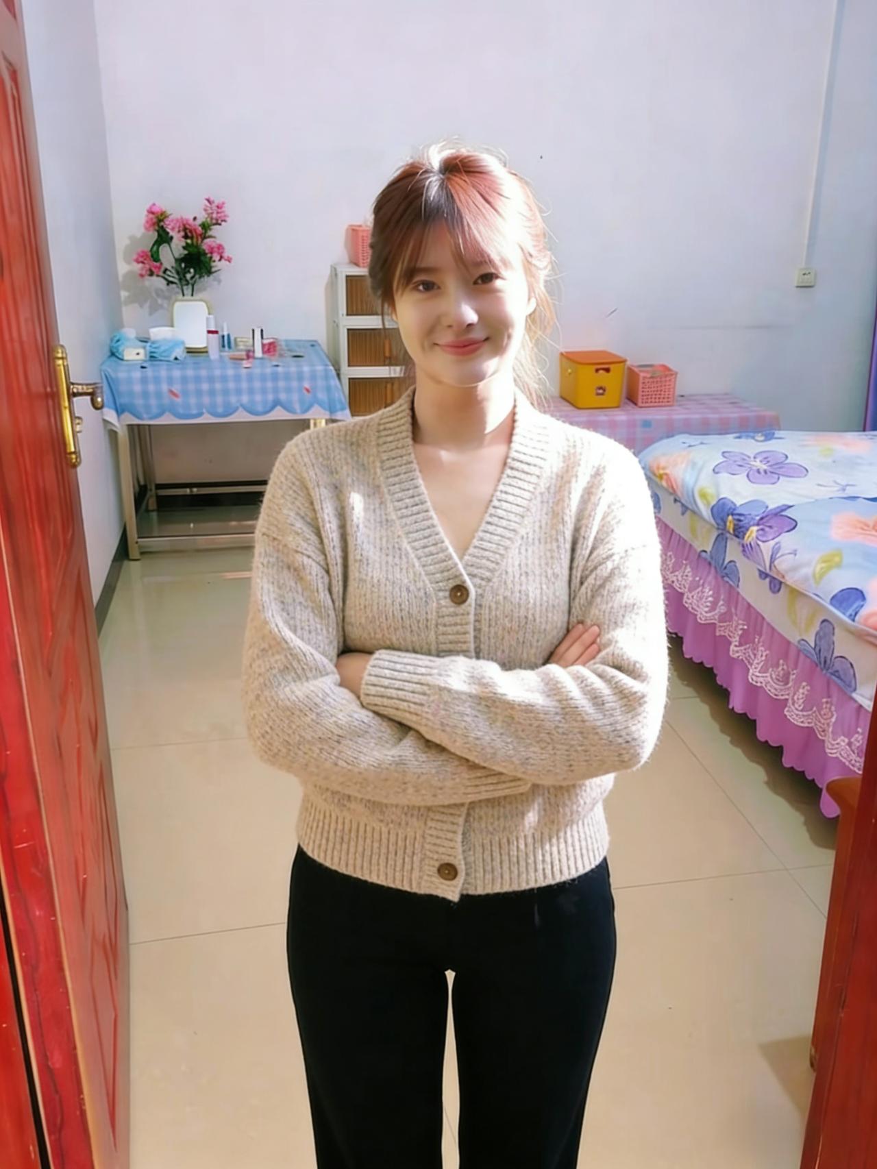 倩女淡淡妆，浅笑立门旁。
晴光穿户牖，风软动衣香。