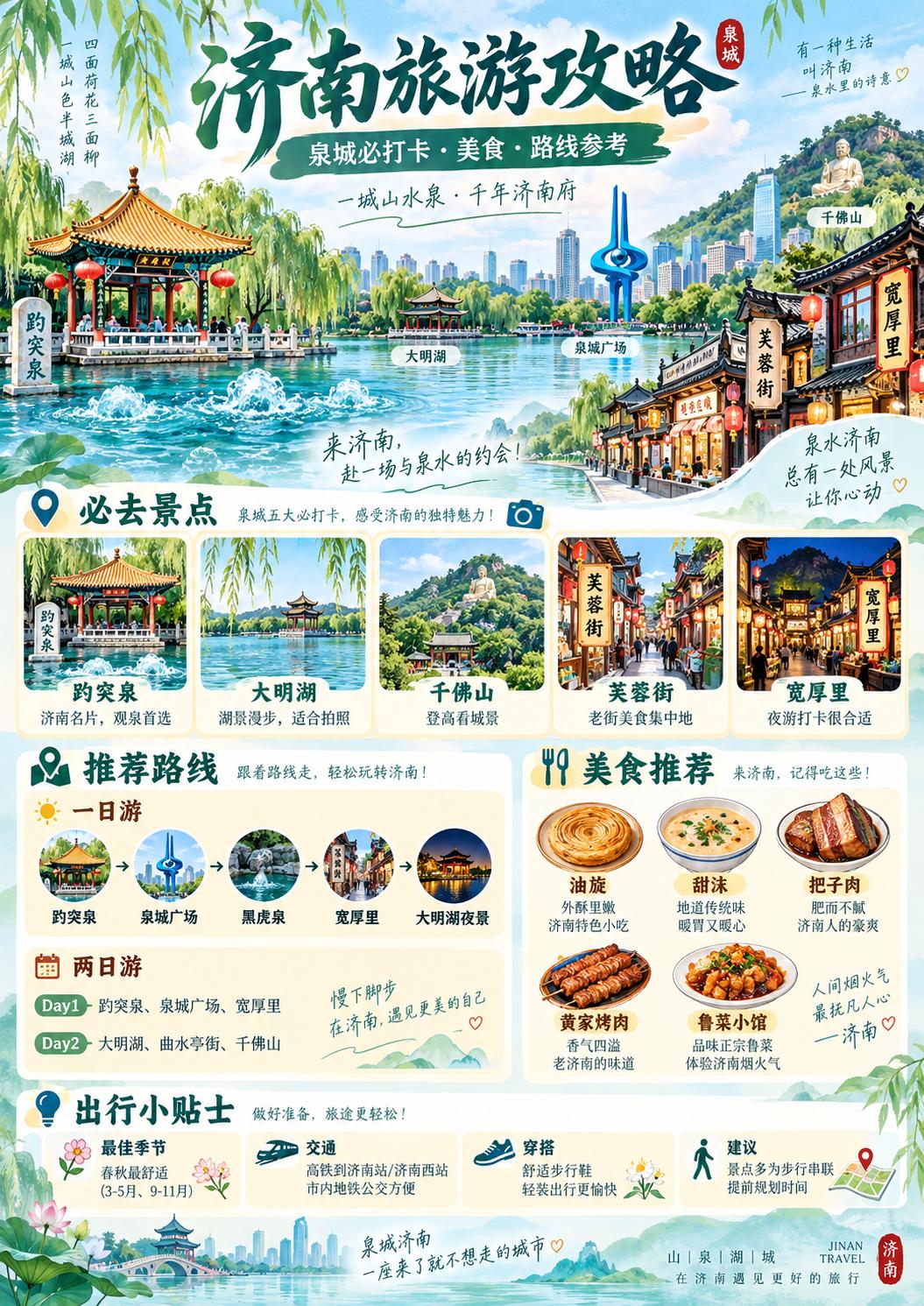 济南，一座因泉而生、因水而灵的城市。

来到这里，

一定要去趵突泉看泉水喷涌，