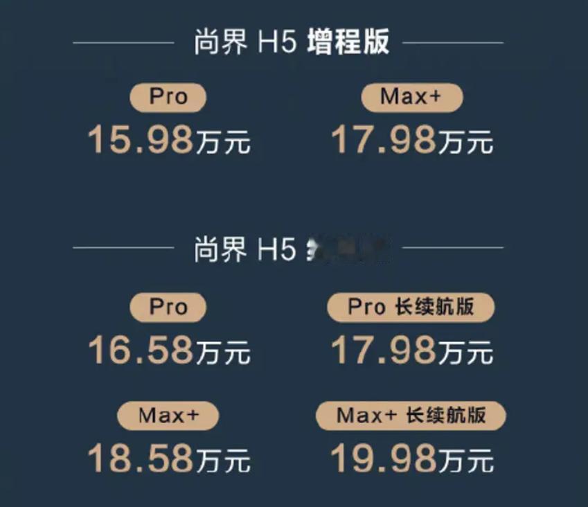 尚界新H5上市
近日，新款尚界H5正式上市，包含增程与纯电两种动力共计6款车型，