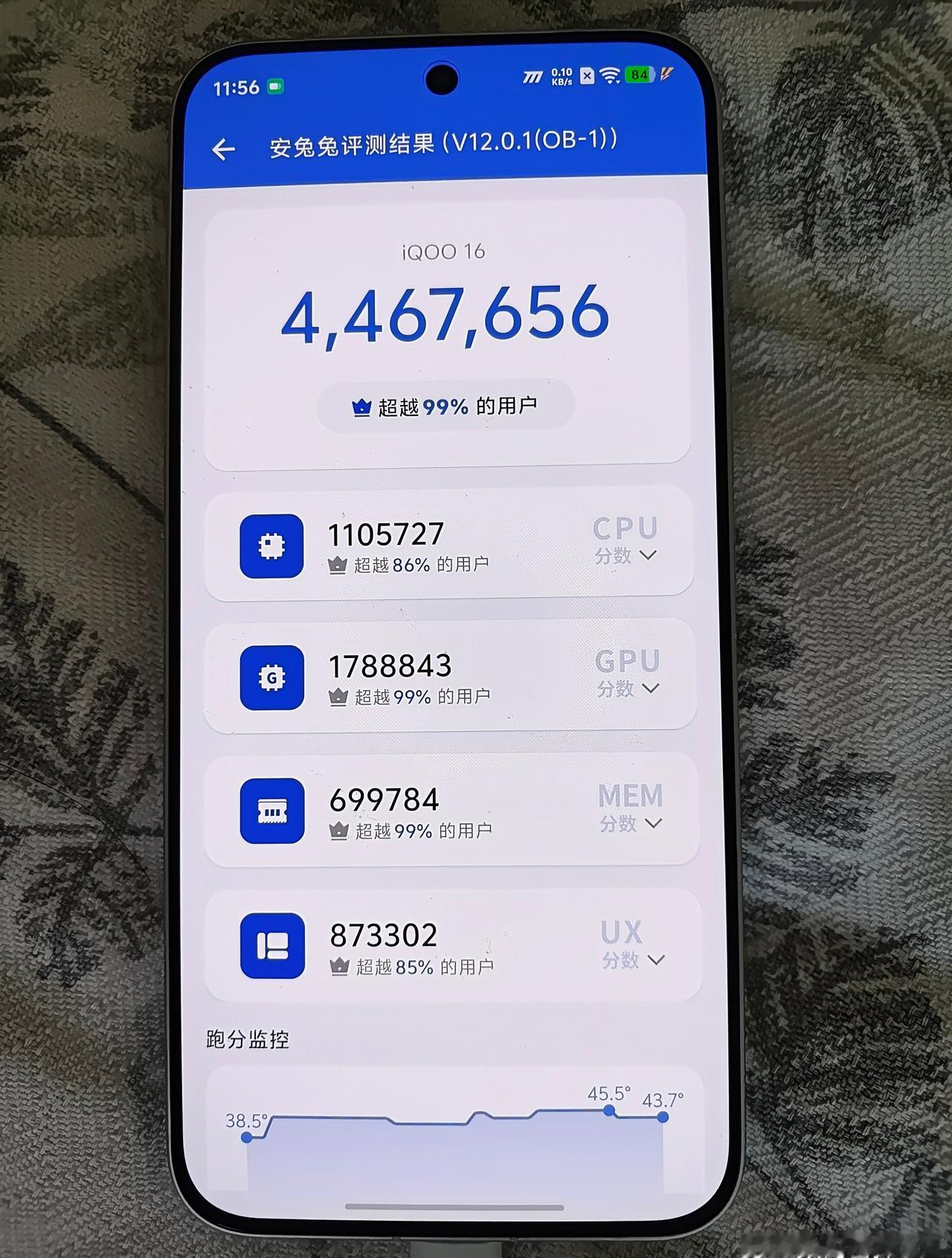 iQOO16，16+1T，量产机，安兔兔v12真实跑分：

不用散热器，正常跑分
