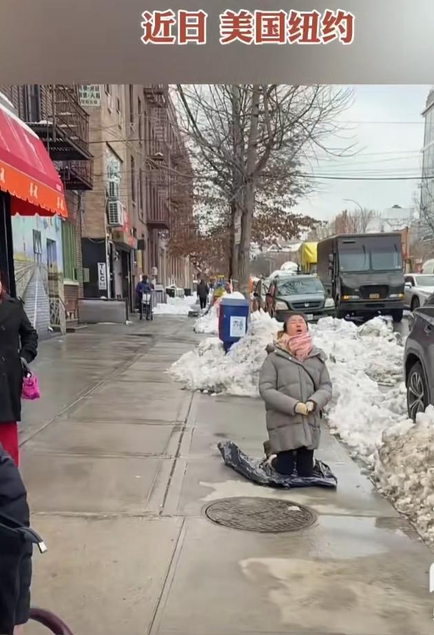 美国纽约，冰天雪地，一年轻女子跪在街头用汉语大喊，我要回家！
当初好不容易才润了