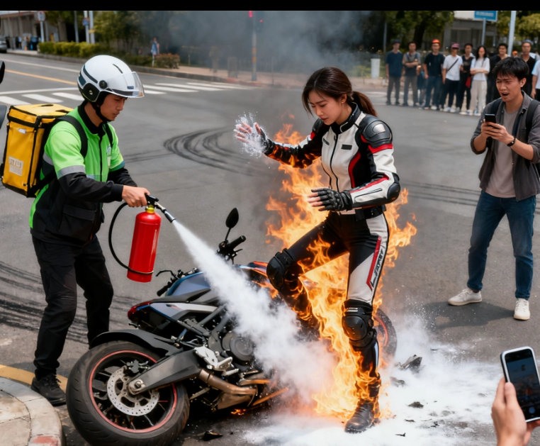 女子骑摩托车摔倒身上起火一定要注意安全，如果现场没有人就要立刻打滚压灭火焰（不要