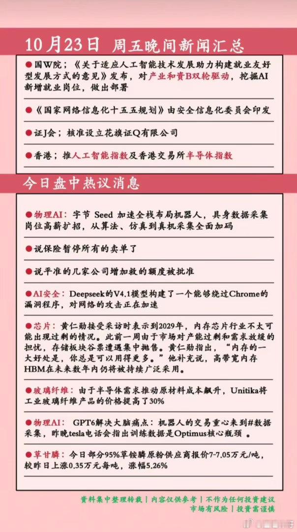 10.23周五  晚间：财经热点信息参考！1.网络信息2.物理AI3.存储芯片4