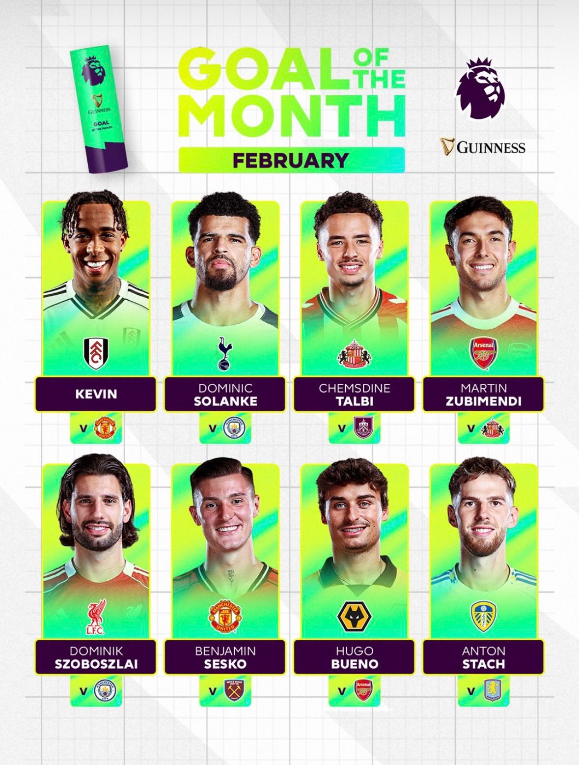 谢什科在对阵西汉姆联比赛中的进球入围英超二月最佳进球候选名单曼联