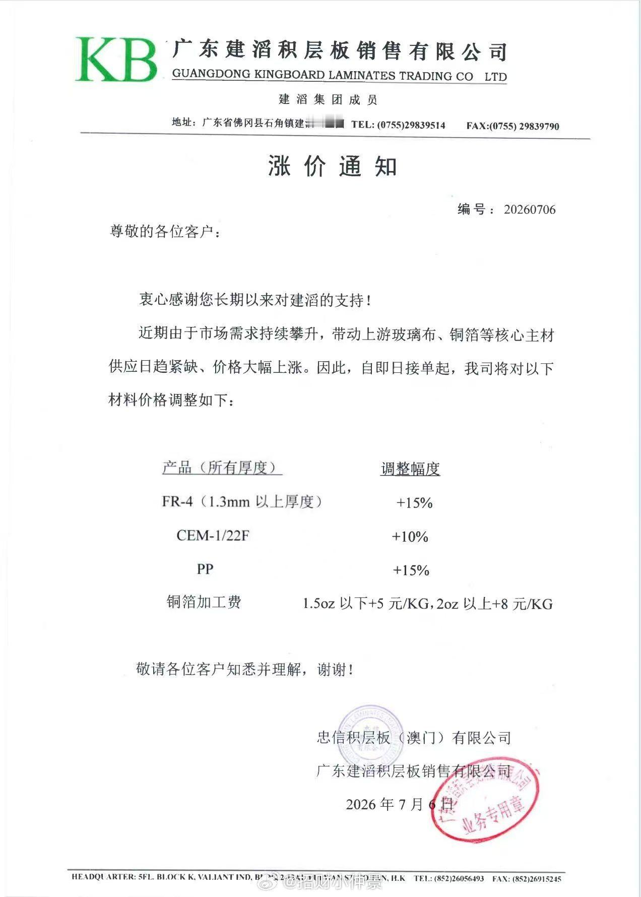 建滔再次涨价15% 