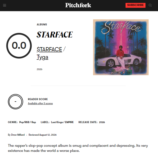 【新专辑乐评】Pitchfork 评Tyga新专辑『STARFACE』：0分/评