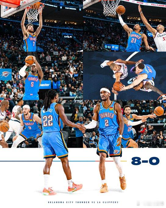 雷霆开赛至今8战全胜，队史最佳开局。这还是没有J-dub的情况下。雷霆开季八连胜