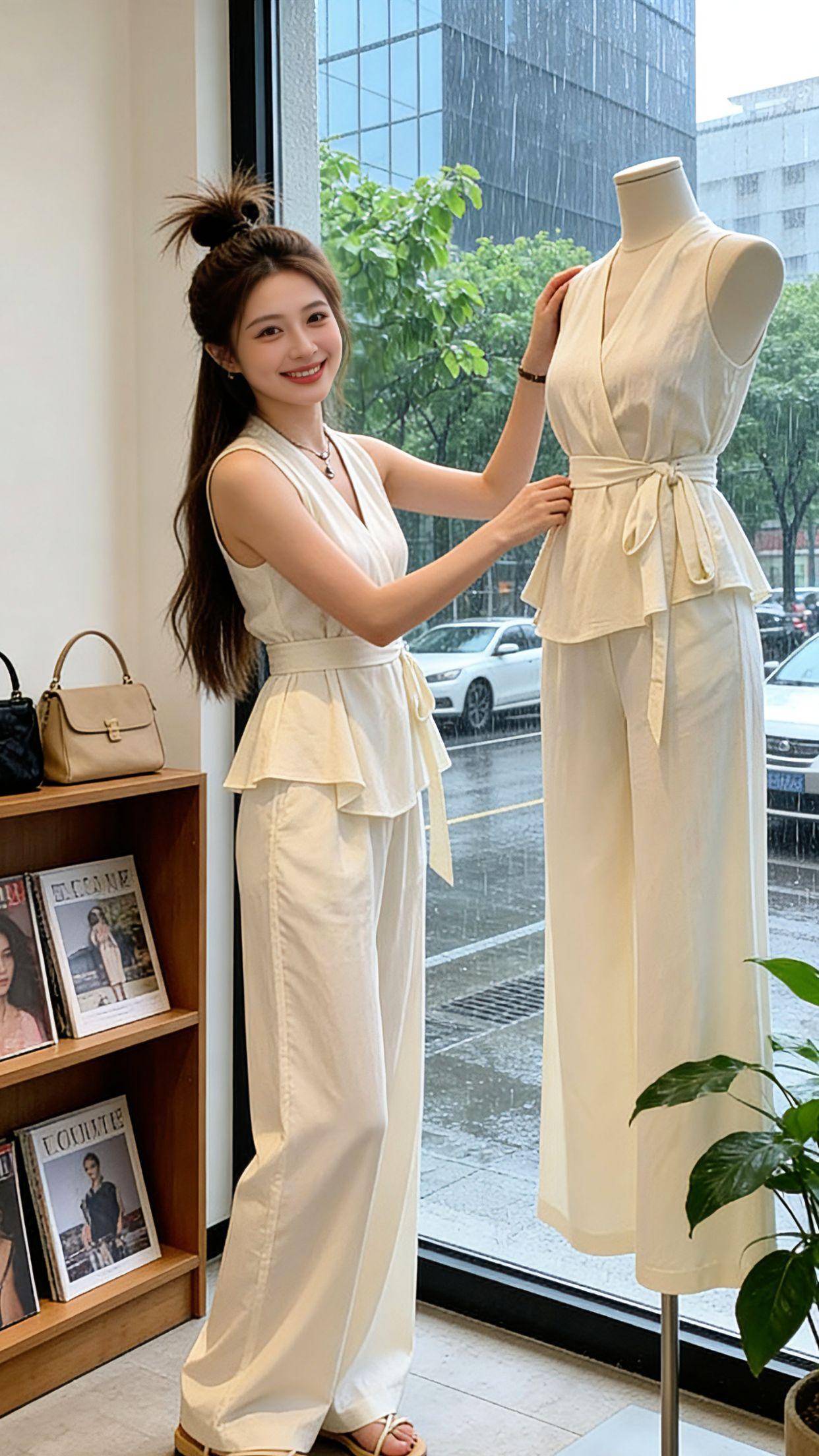 谁懂啊！夏天就爱这种不费力的好看！这套米白色韩系套装太合我心意了，V领收腰藏住小