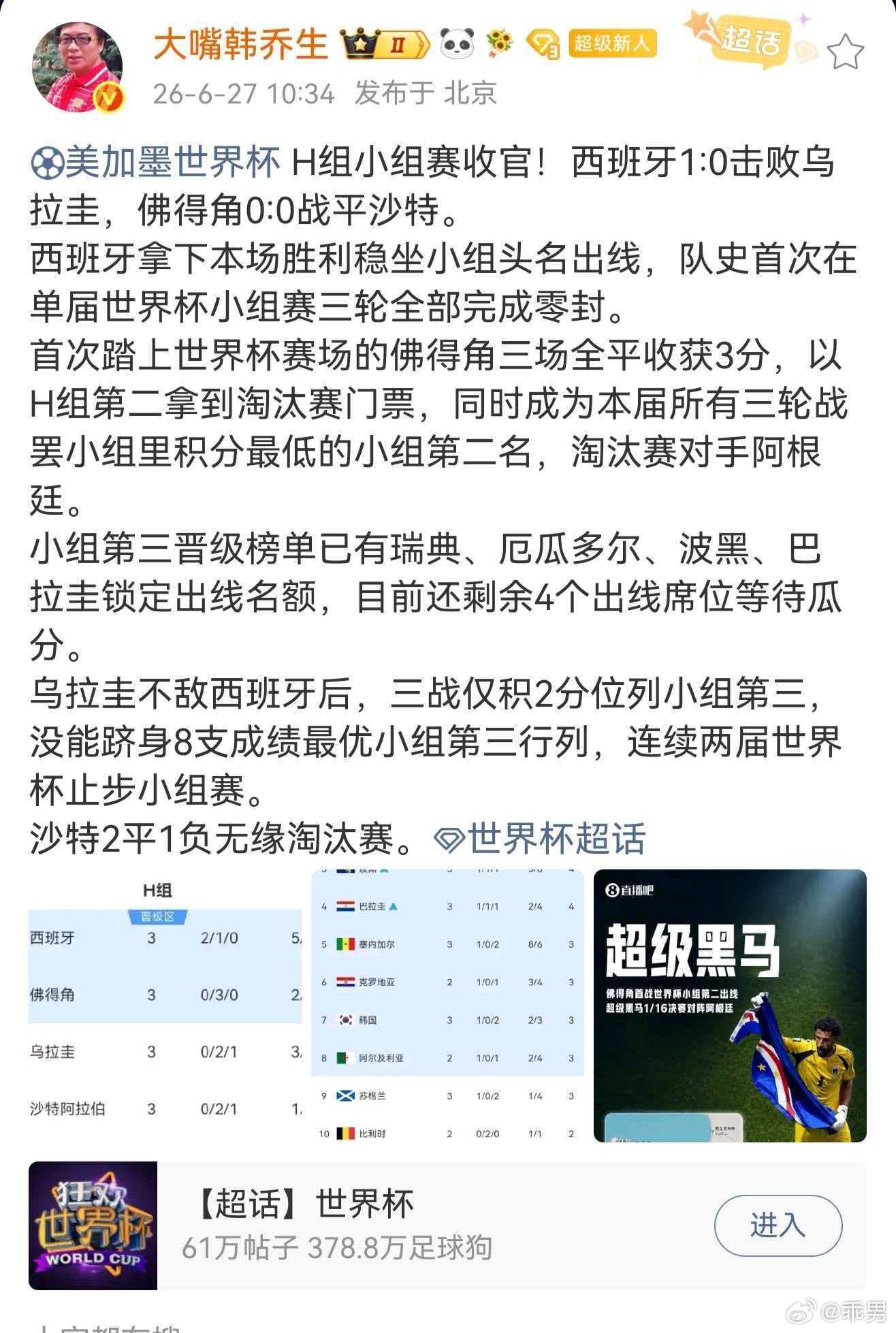 韩乔生谈佛得角战平沙特美加墨世界杯H组小组赛收官！西班牙1:0击败乌拉圭，佛得角