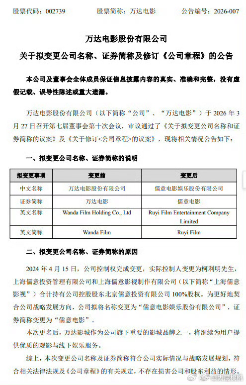万达电影改为儒意电影，又改回来了？ 