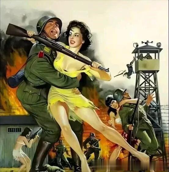 这是二战时期的美军征兵海报，画面中穿着暴露、性感的美女们所向无敌，将傻乎乎的的军