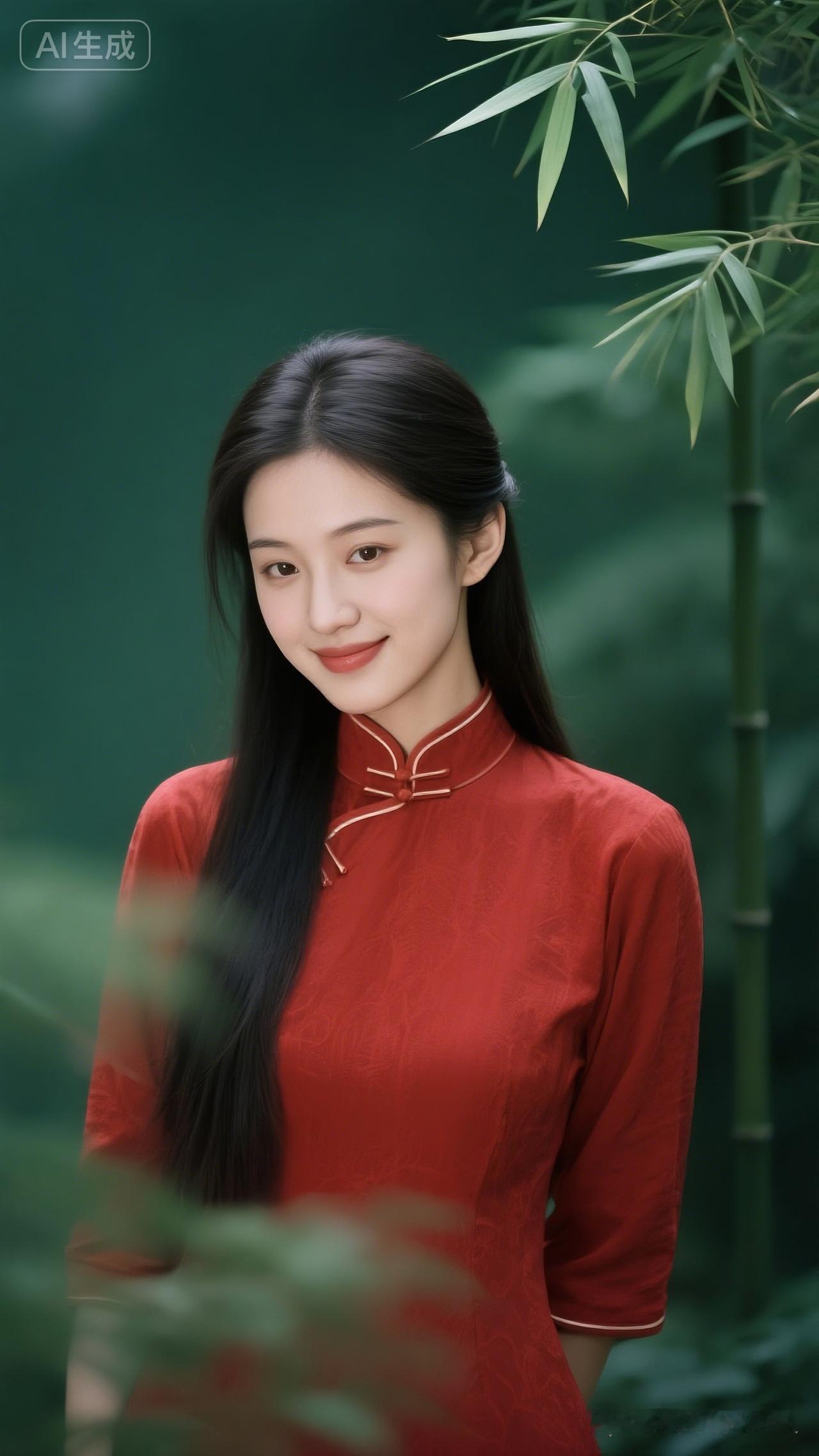 红衣少女竹林间，清新自然美如画。