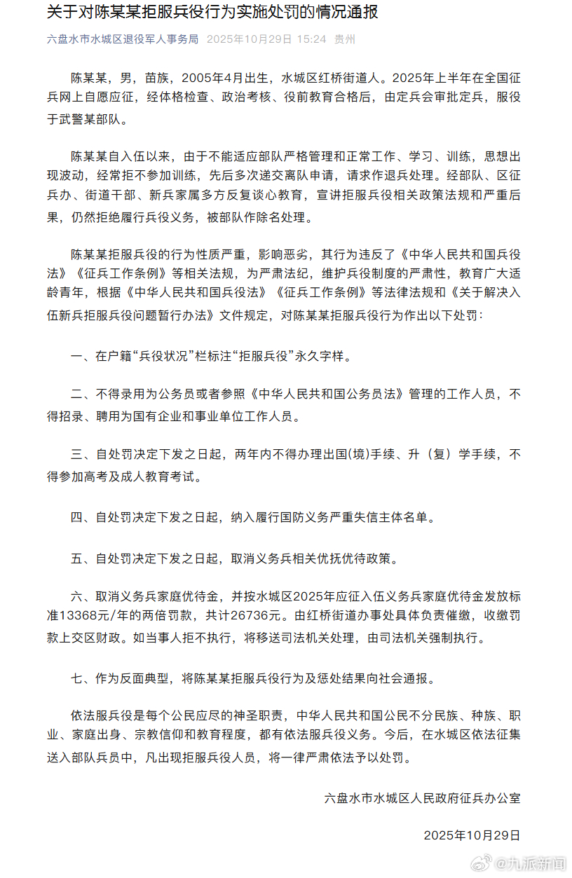 #05年男子拒服兵役被罚2.6万#【#官方通报05年男子拒服兵役#】10月29日