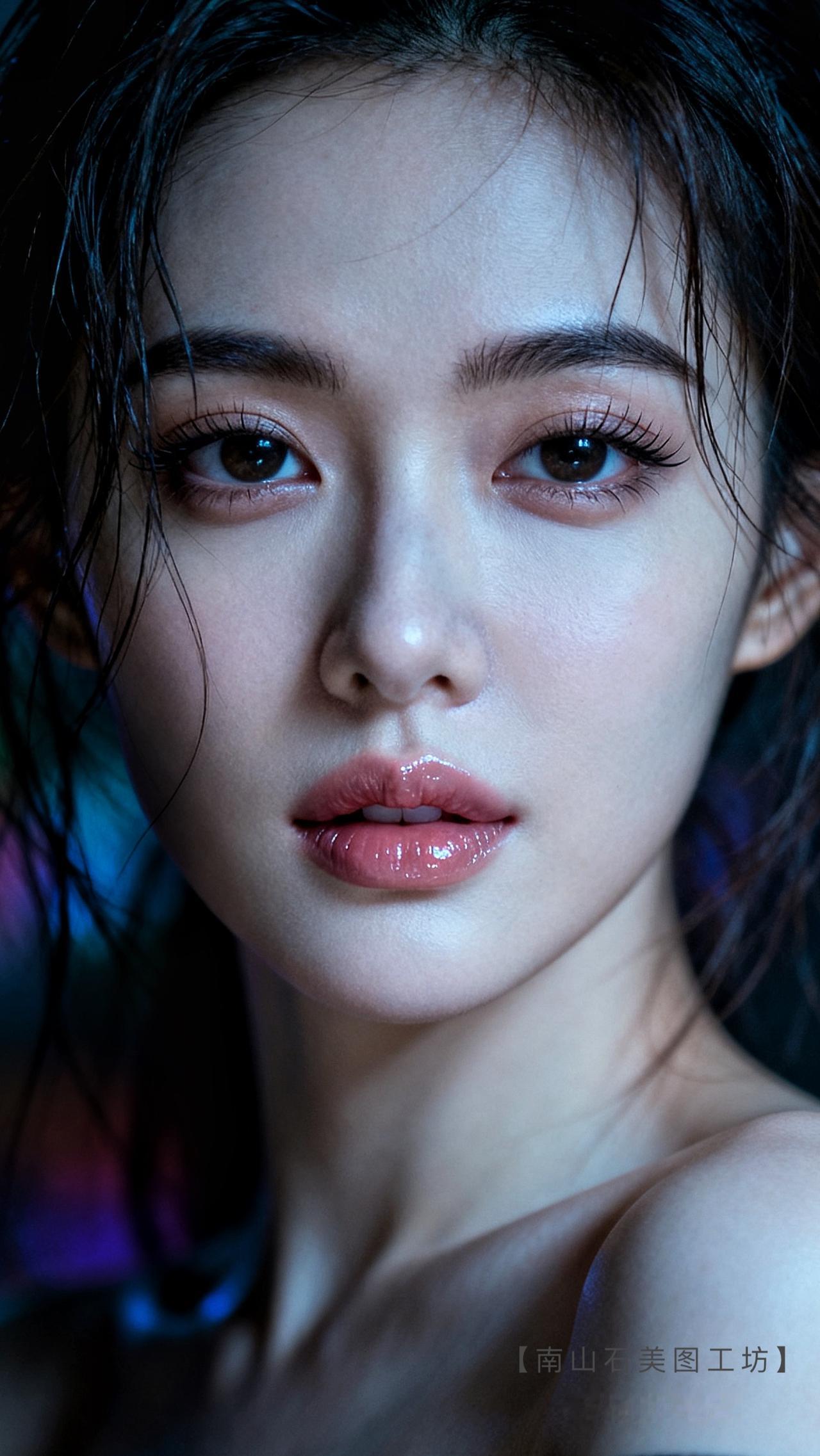 湿发慵懒散落，眼波似漾星子，睫如羽、眸若潭；雾感唇瓣晕开温柔，光影勾勒肩颈线条，
