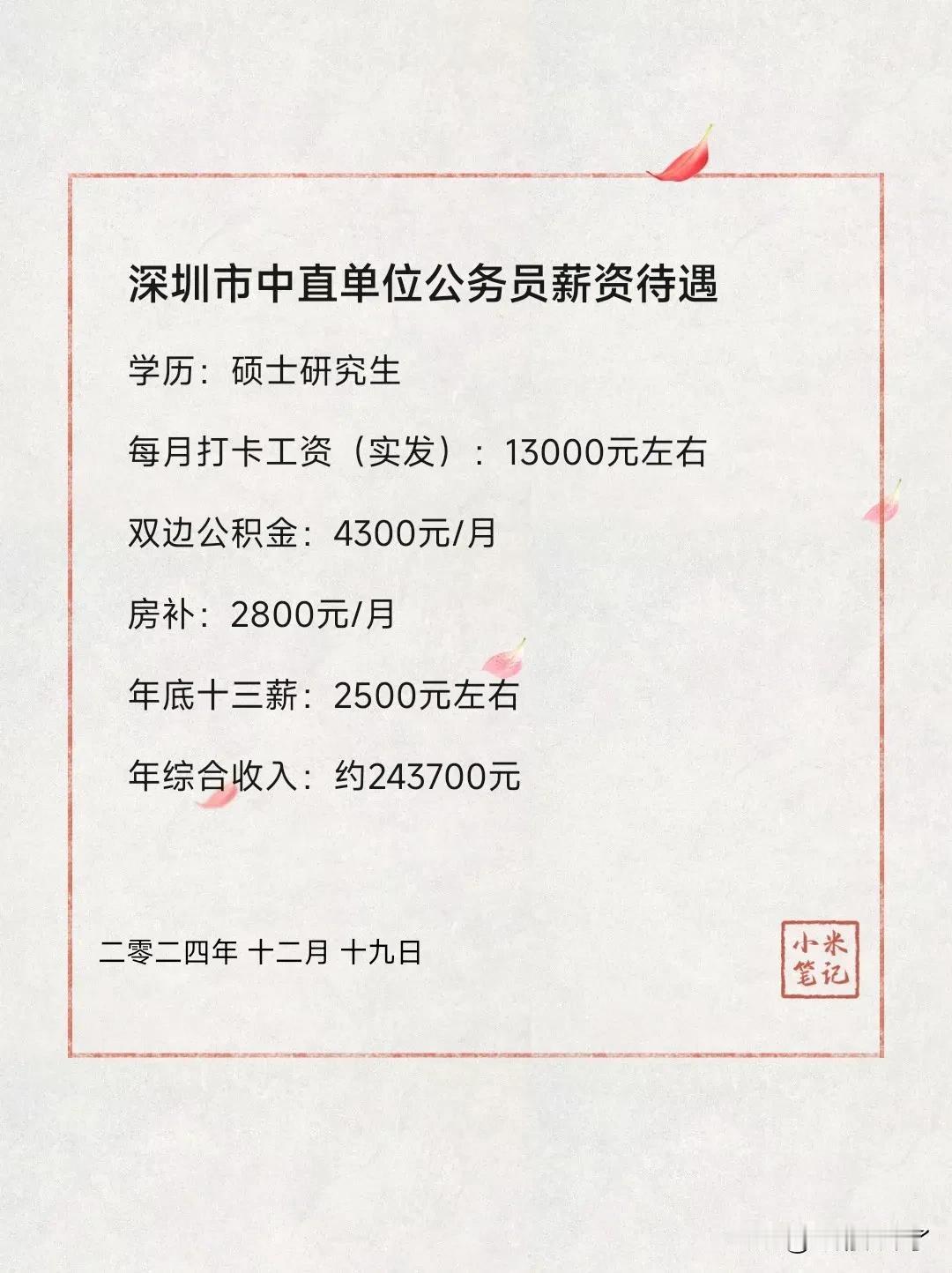 深圳市市直公务员薪资待遇，每月打卡工资13000元，公积金双边4300元，房补2