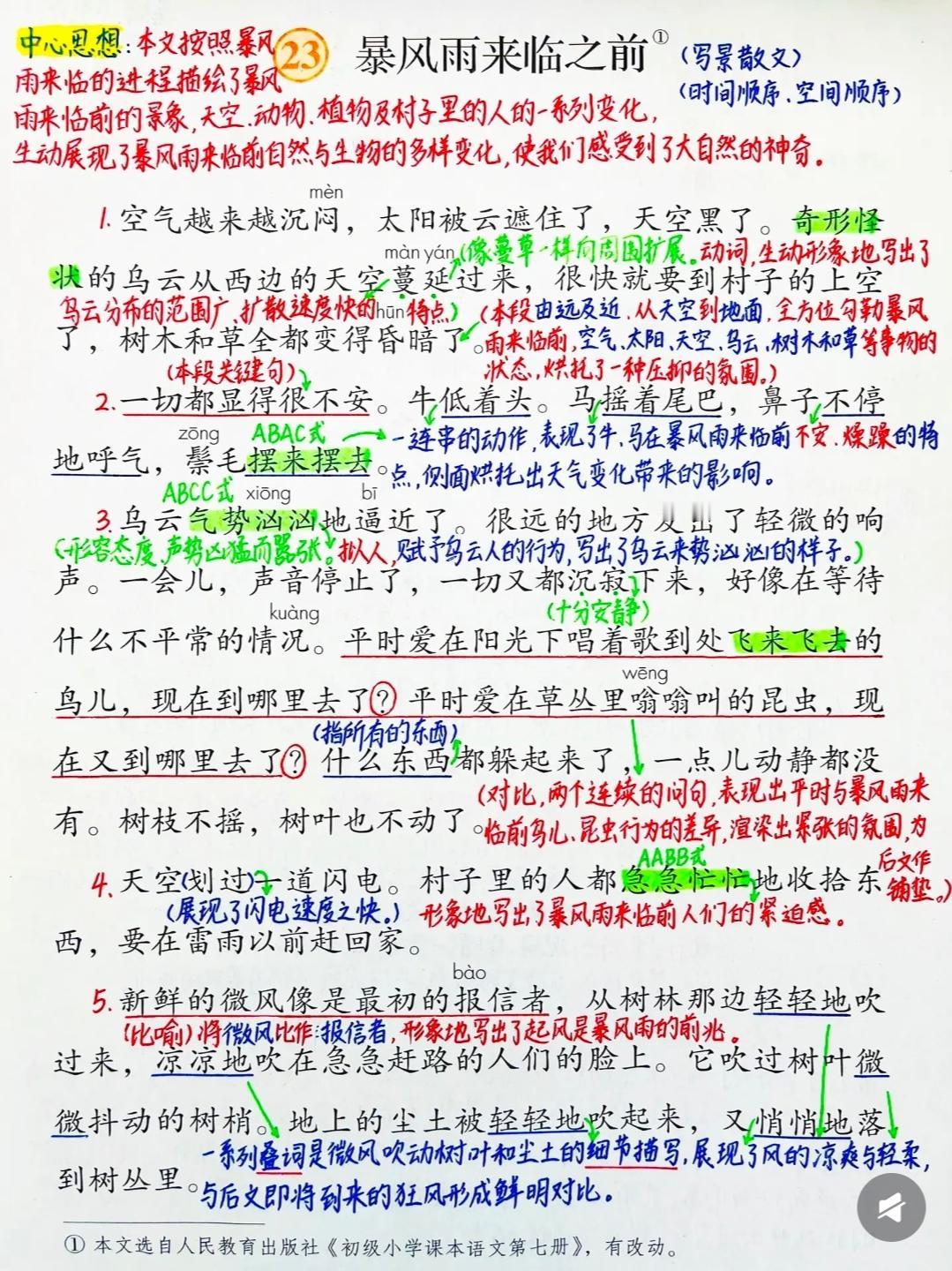 三年级下册语文，第23课《暴风雨来临之前》课堂学习笔记，收藏复习三年级语文