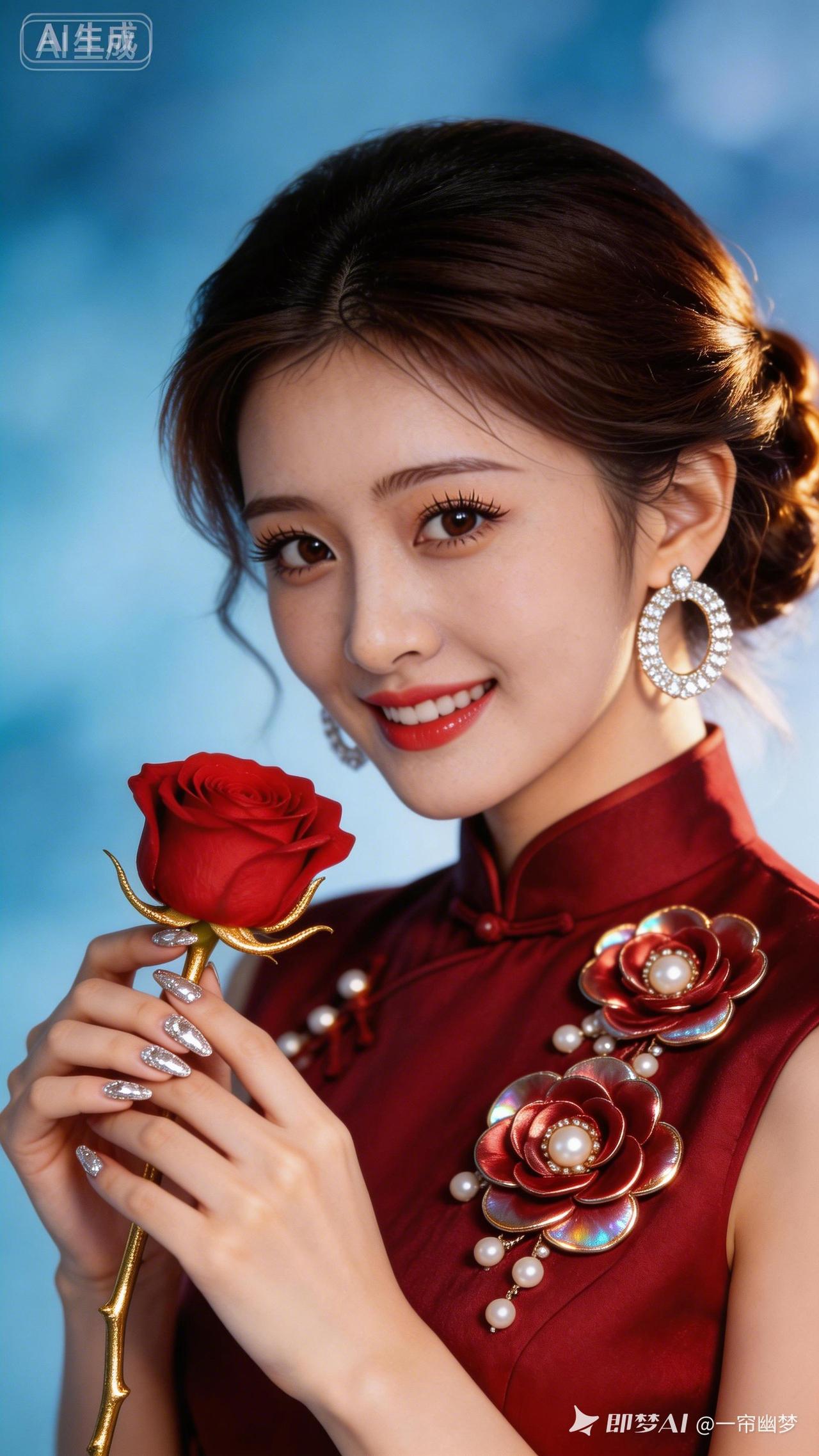 优雅红玫瑰，东方美人笑靥如花🌹💄✨