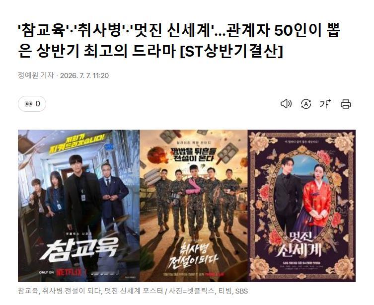 【韩国50位业内人士评选的上半年最佳韩剧：《铁拳教育》登顶，《菜鸟炊事兵》《我的