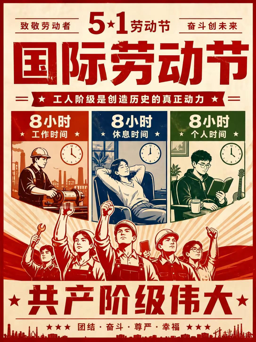 五一劳动节快乐。红色五一劳动节海报 祖国万岁 劳动节 中国工人运动