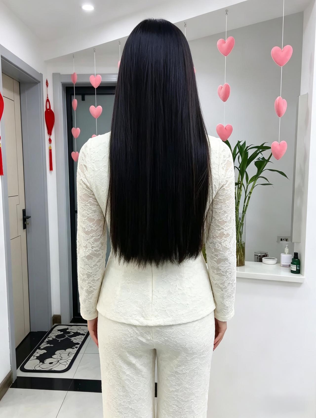 居家浅着自温良，秀发垂垂映素裳。
静立闺中尘俗远，身姿清雅韵悠扬。
心怀恬淡多安