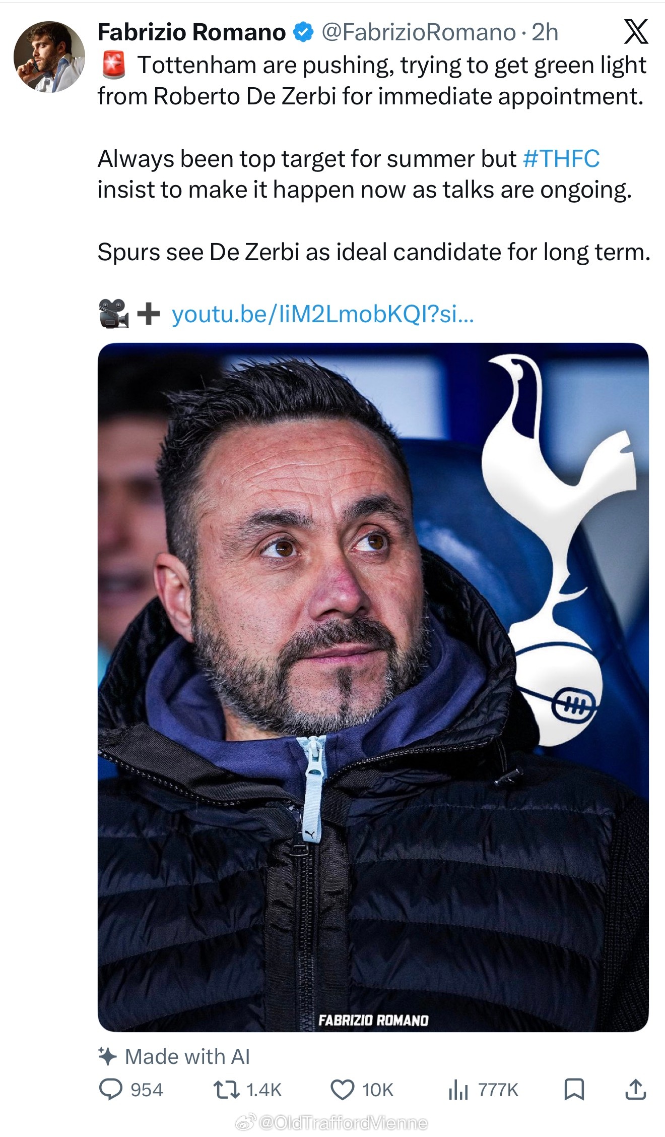 热刺在昨天炒掉主帅后，同时在推进德泽尔比的谈判他什么战绩？ 