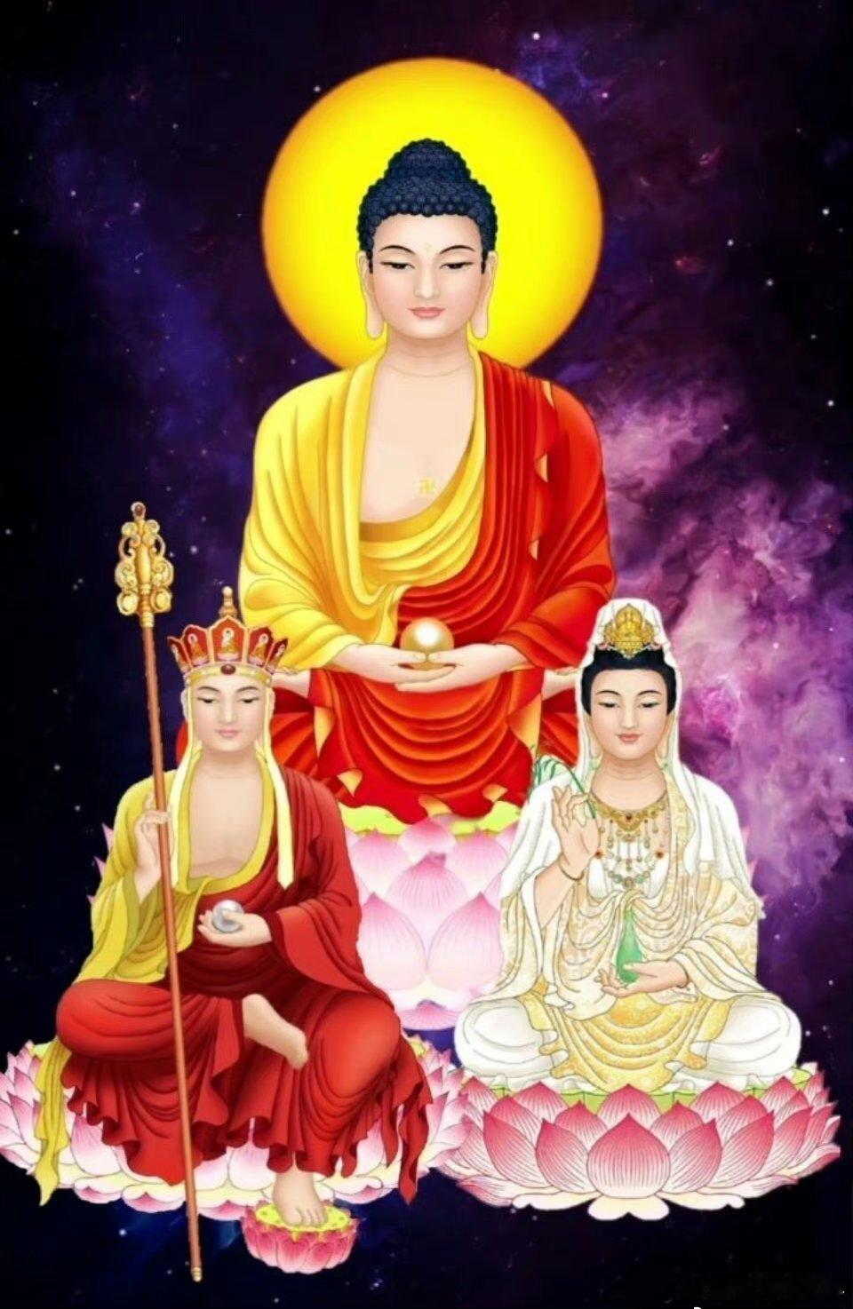【娑婆三圣】释迦牟尼佛、观世音菩萨、地藏王菩萨，常于此娑婆世界度化众生，与此土有