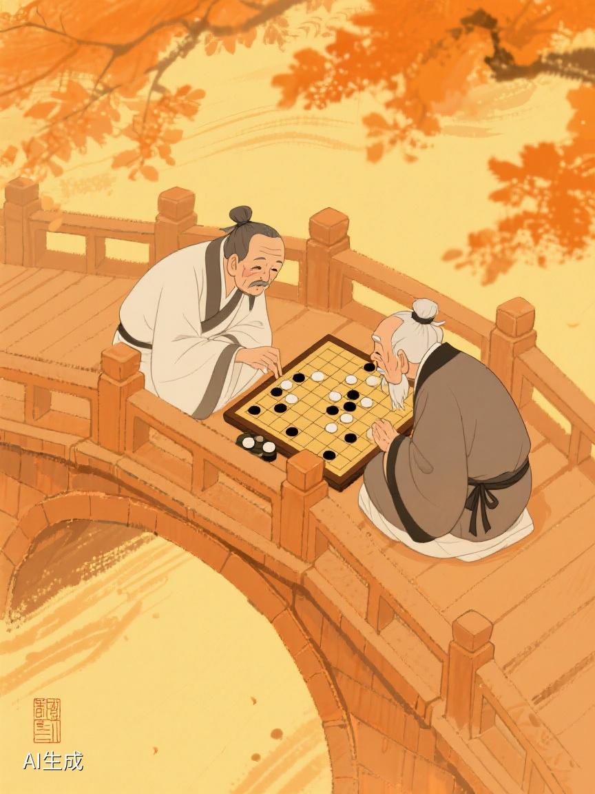 AI妙生图秋阳下，桥上两人对弈，棋子落定间，似悟人生进退，时光在此刻静谧流淌🍂