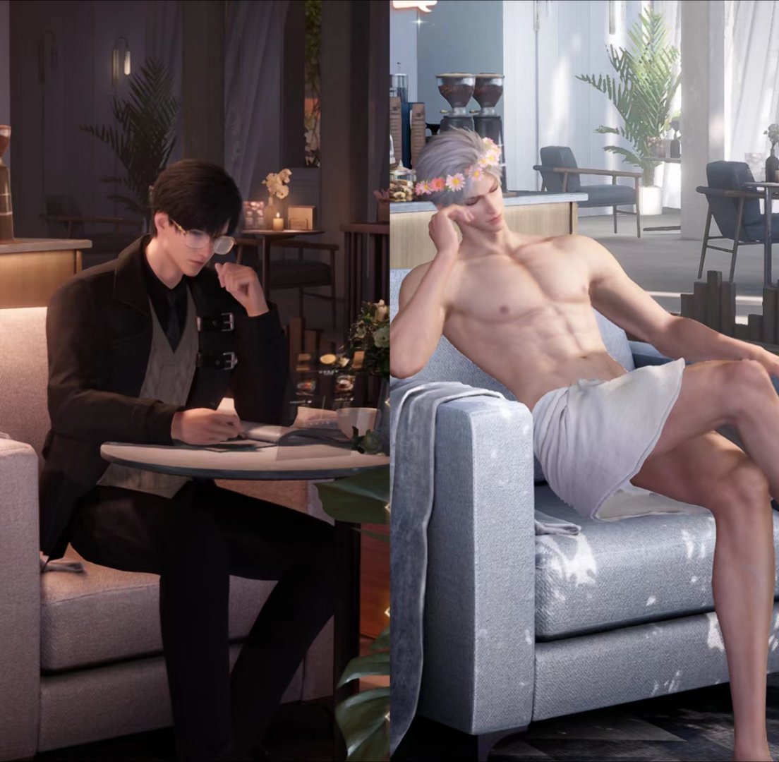 双推笑了，好鲜明的对比[允悲]老公们好幽默一个白天穿浴巾在咖啡厅玩手机一个夜晚仍