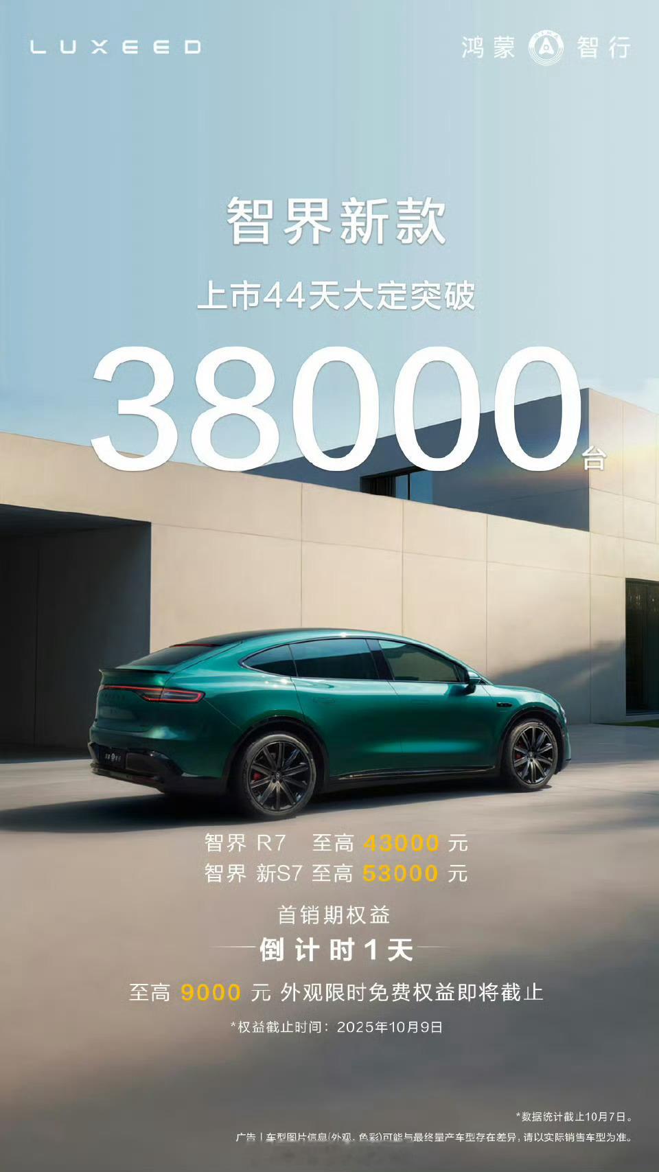 智界新款大定突破38000台上市44天，鸿蒙智行官方宣布，新款智界S7/R7大定