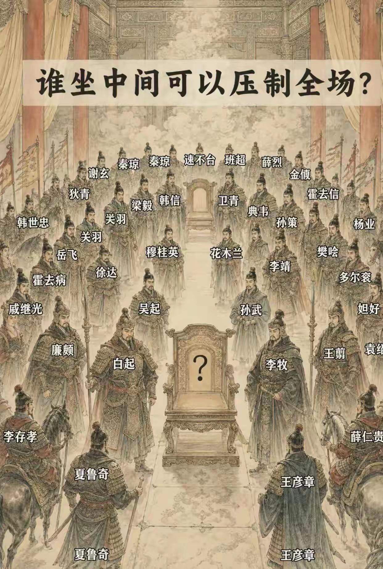 假如你集合了图中将领，要去攻打域外各国。派谁坐这个位置能力压全场？
我首推韩信。