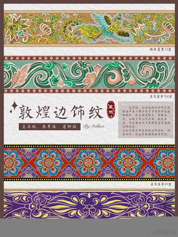 敦煌边饰纹合集。边饰纹，指的是敦煌历代石窟壁画中各个部分用于分界的带状连续纹样，
