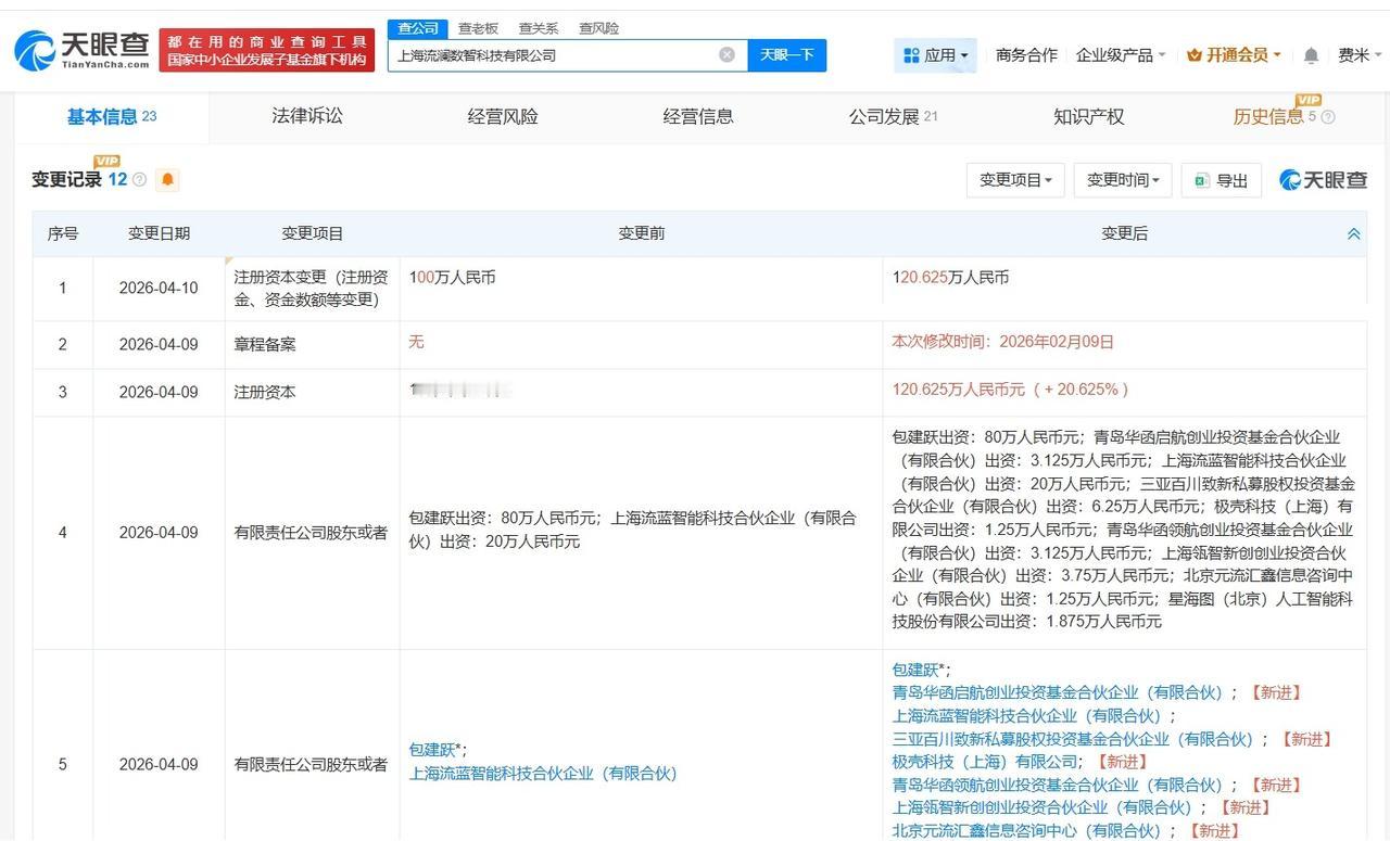 百度旗下基金等入股具身智能研发商流澜数智

天眼查App显示，近日，上海流澜数智