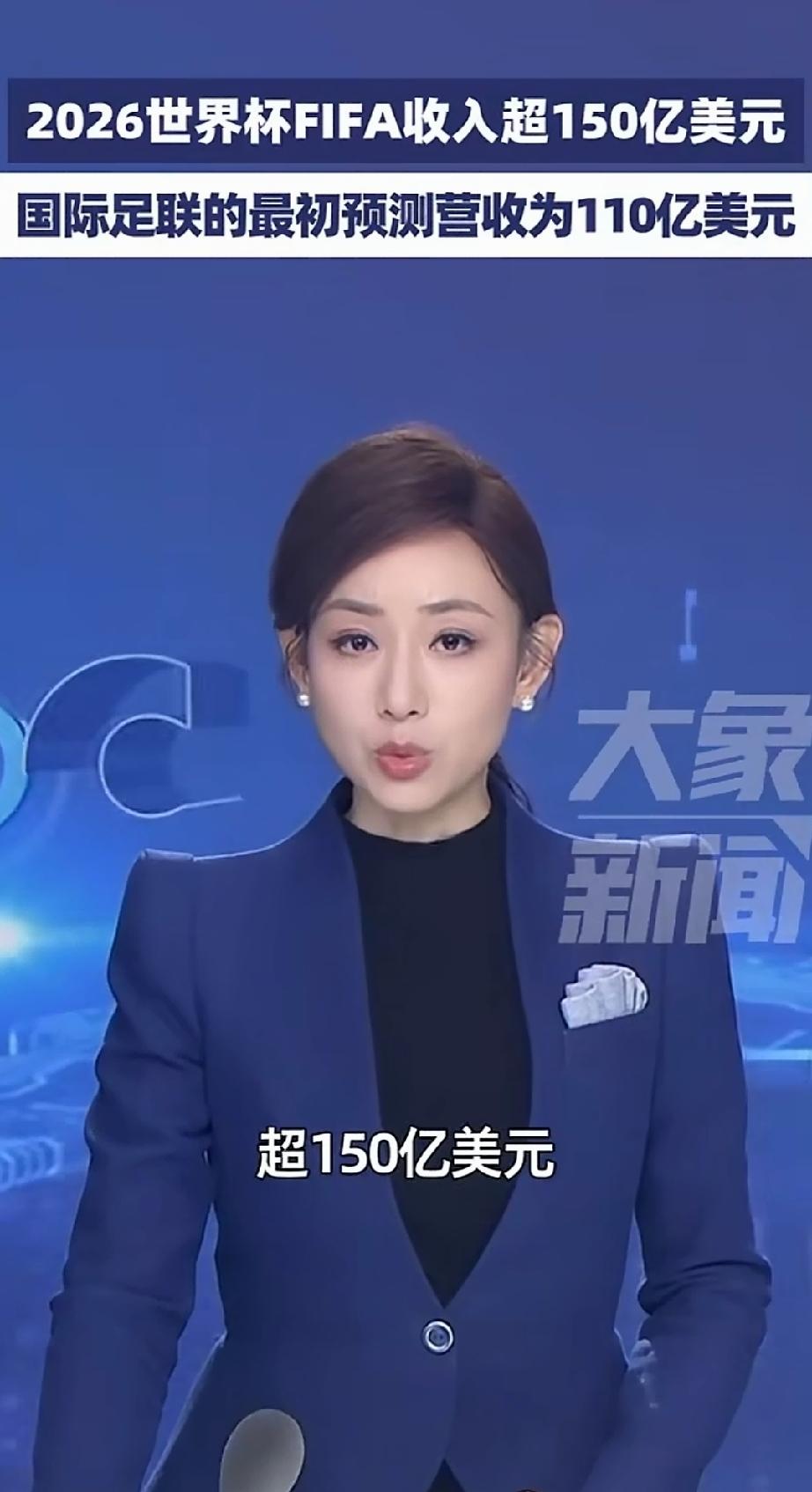 2026年世界杯国际足联收入超过150亿美元。2022届卡塔尔世界杯收入是75亿