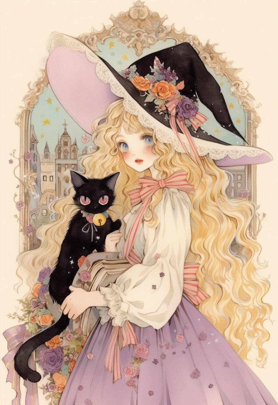 ai探索计划  ｜ ai创造营  魔法坏女巫  与她的小猫 在静谧幽深的暗夜森林
