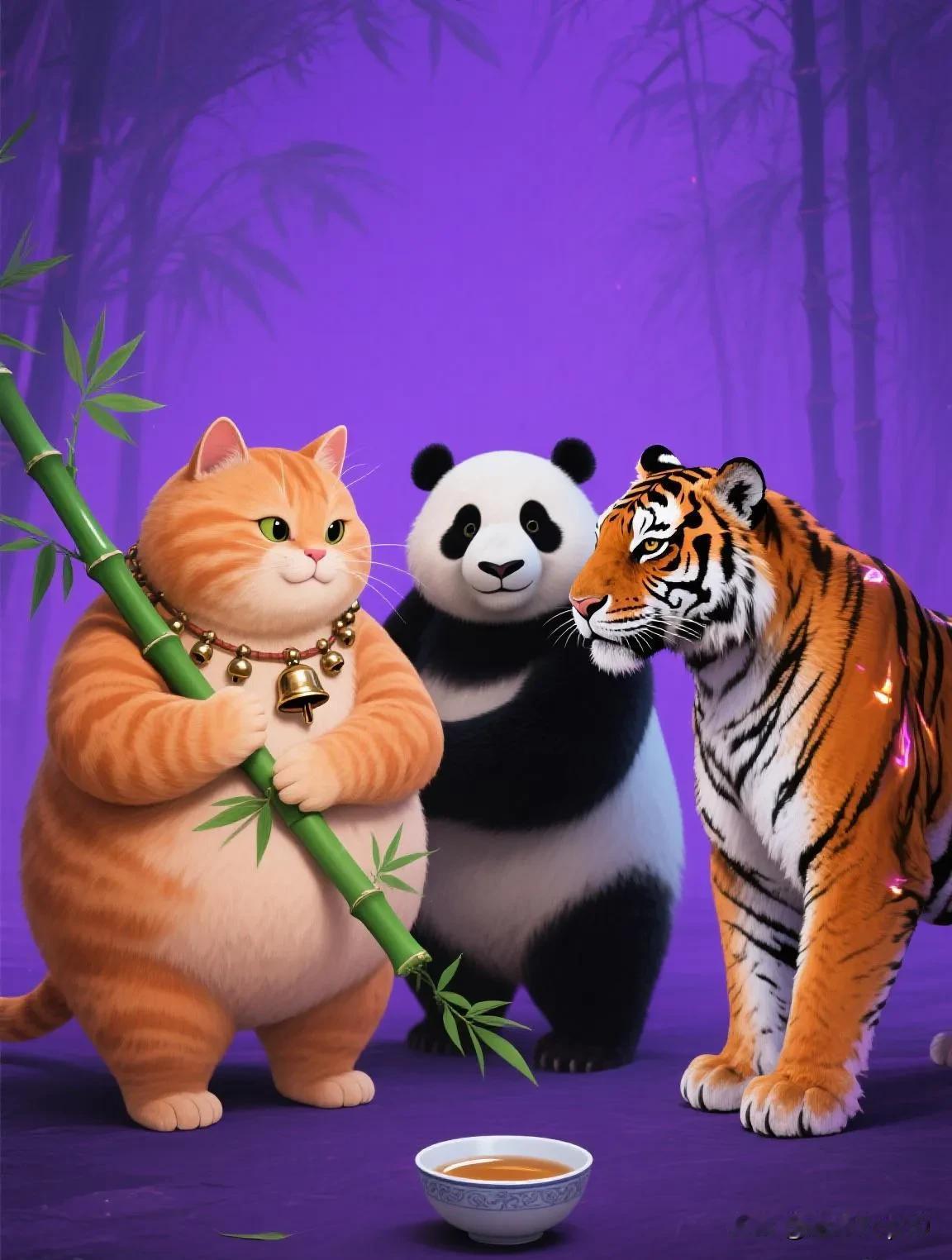 画面中，一只橘色胖猫、一只熊猫和一只老虎同框。胖猫脖颈戴着挂有铃铛的项链，憨态可