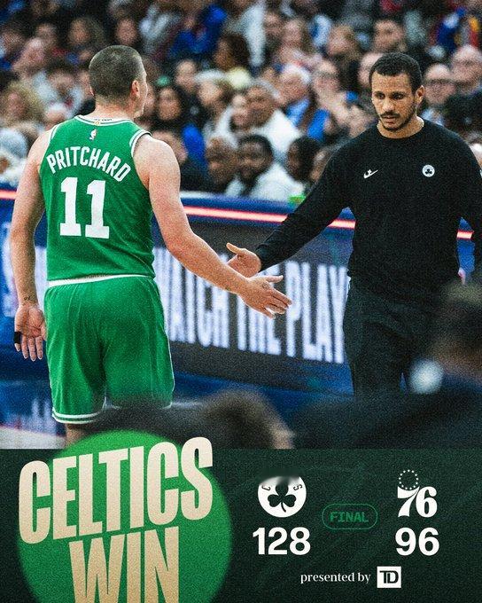 全场比赛结束，我们最终在客场128-96战胜76人☘️普里查德32分4篮板5助攻