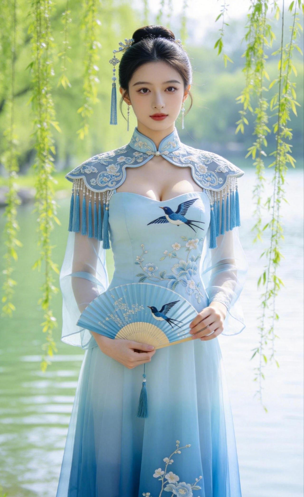 《柳岸春归》
 
柳丝垂作帘，风软渡春烟
你立在水湄，像从宋画里走出的句点
 