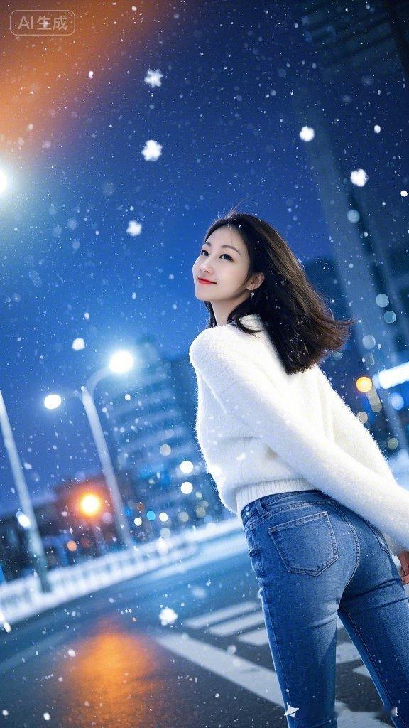 冬日夜晚的浪漫雪景，少女在街角微笑。