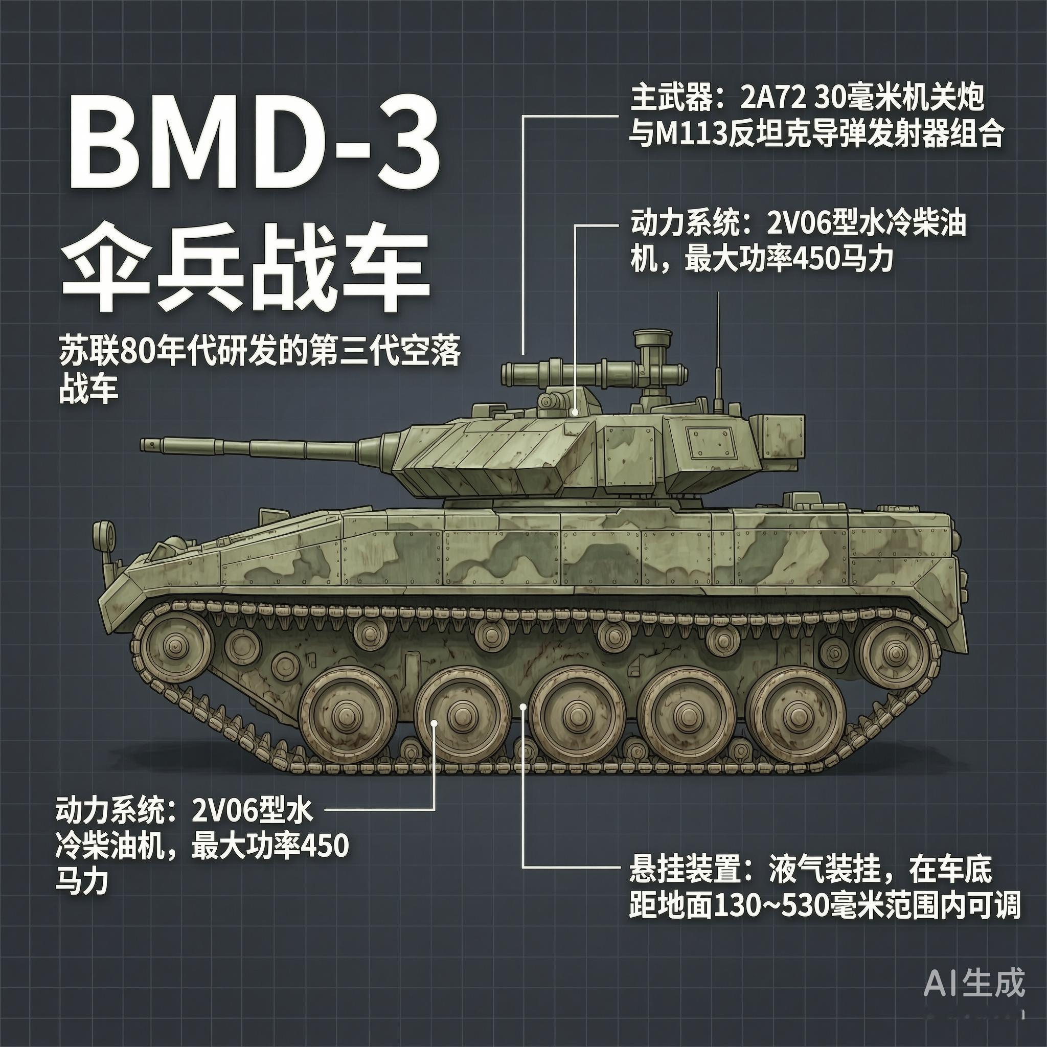 军事ai新视野 俄罗斯BMD-3伞兵战车BMD-3是苏联于20世纪80年代研发的